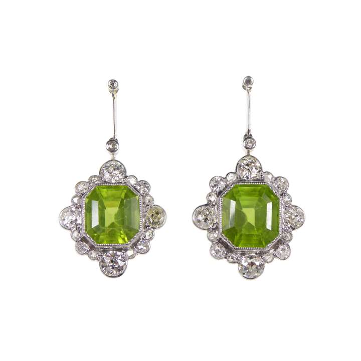 Pair of early 20th century peridot and diamond cluster pendant earrings